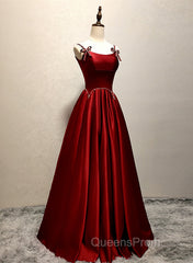 Wine Red Satin Straps Round Neckline Party Dress, Wine Red Long Evening Prom Dress