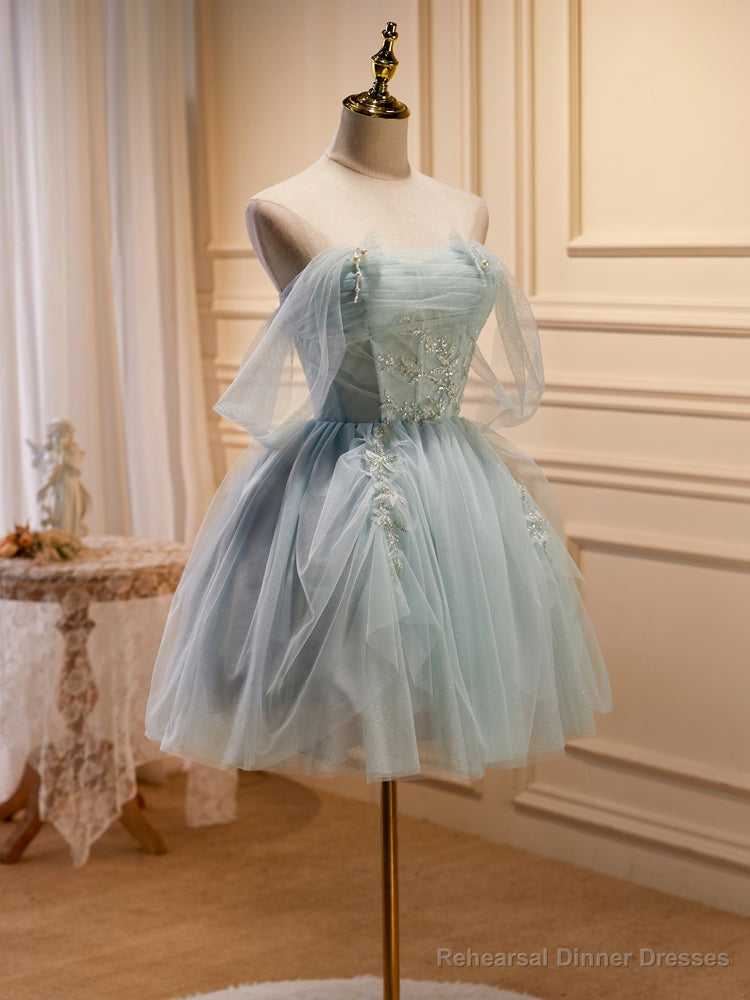 Green Tulle Beaded Short Prom Dress, Cute Off Shoulder Homecoming Dress Main image
