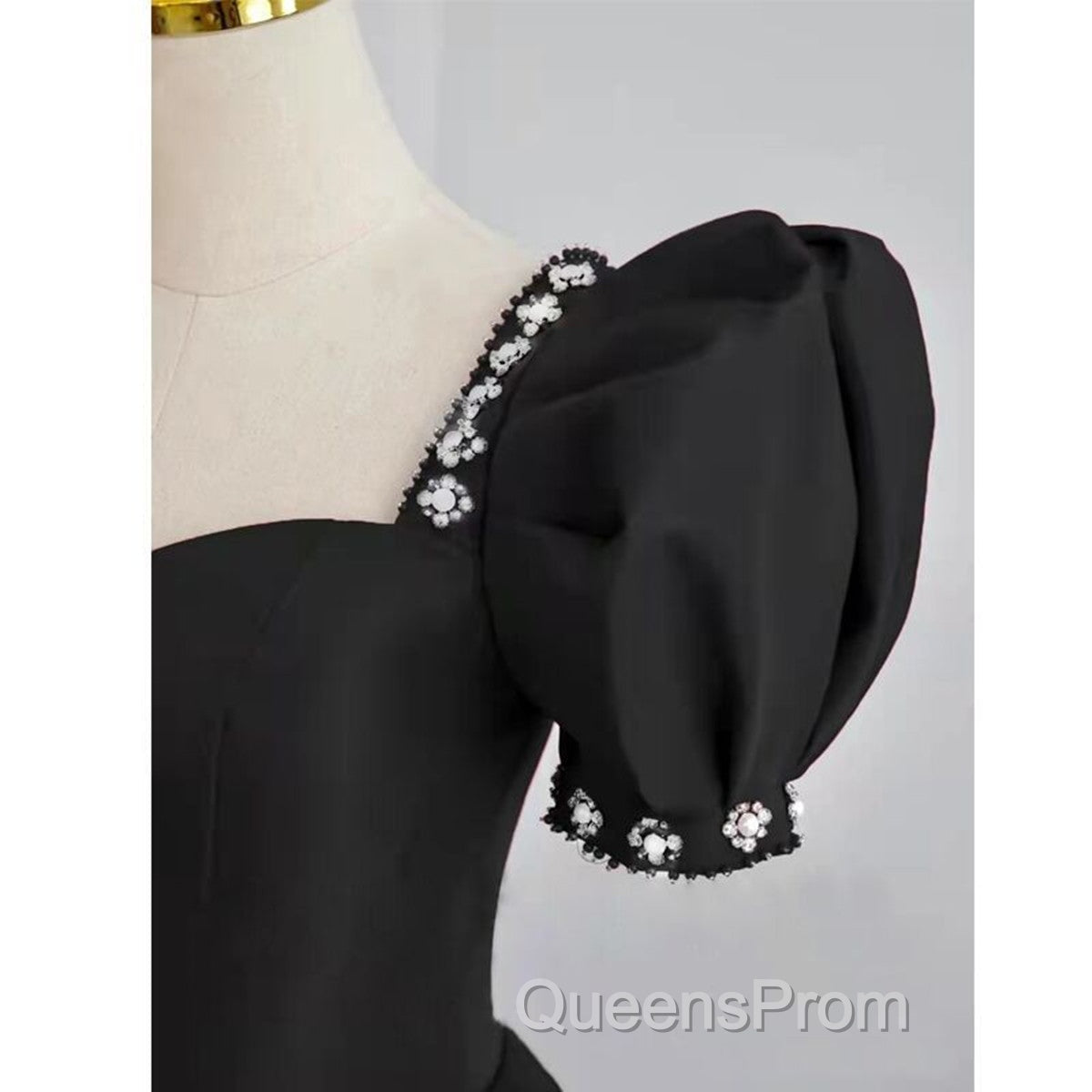 Black Sweetheart Short Sleeves Beaded Party Dress, A-Line Black Satin Evening Prom Dress Secondary image