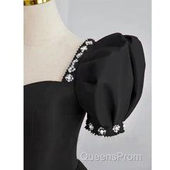 Black Sweetheart Short Sleeves Beaded Party Dress, A-Line Black Satin Evening Prom Dress