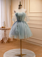 Green Tulle Beaded Short Prom Dress, Cute Off Shoulder Homecoming Dress