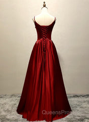 Wine Red Satin Straps Round Neckline Party Dress, Wine Red Long Evening Prom Dress