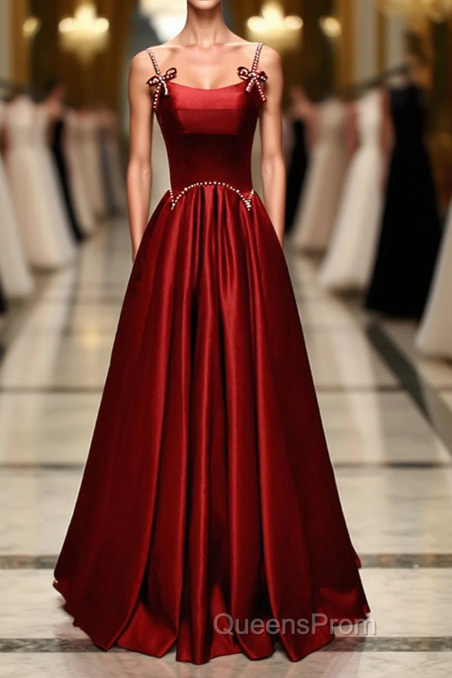Wine Red Satin Straps Round Neckline Party Dress, Wine Red Long Evening Prom Dress Main image