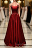 Wine Red Satin Straps Round Neckline Party Dress, Wine Red Long Evening Prom Dress