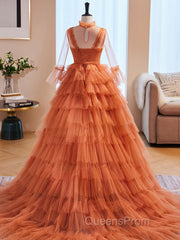 Unique High Neck Tulle Long Evening Prom Dress, Orange Formal Evening Dress