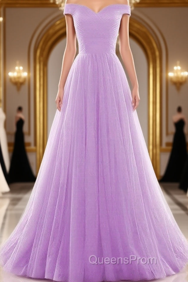 Beautiful Lavender Tulle Off Shoulder Long Formal Dress, Beautiful Party Gowns Main image