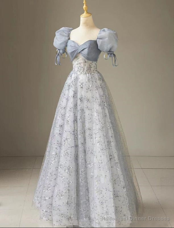 Cute Floral Printed Long Prom Dress A Line Puff Sleeves Blue Party Gown Main image