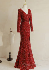 Wine Red Long Sleeves Mermaid Long Formal Dress, Wine Red Evening Prom Dress