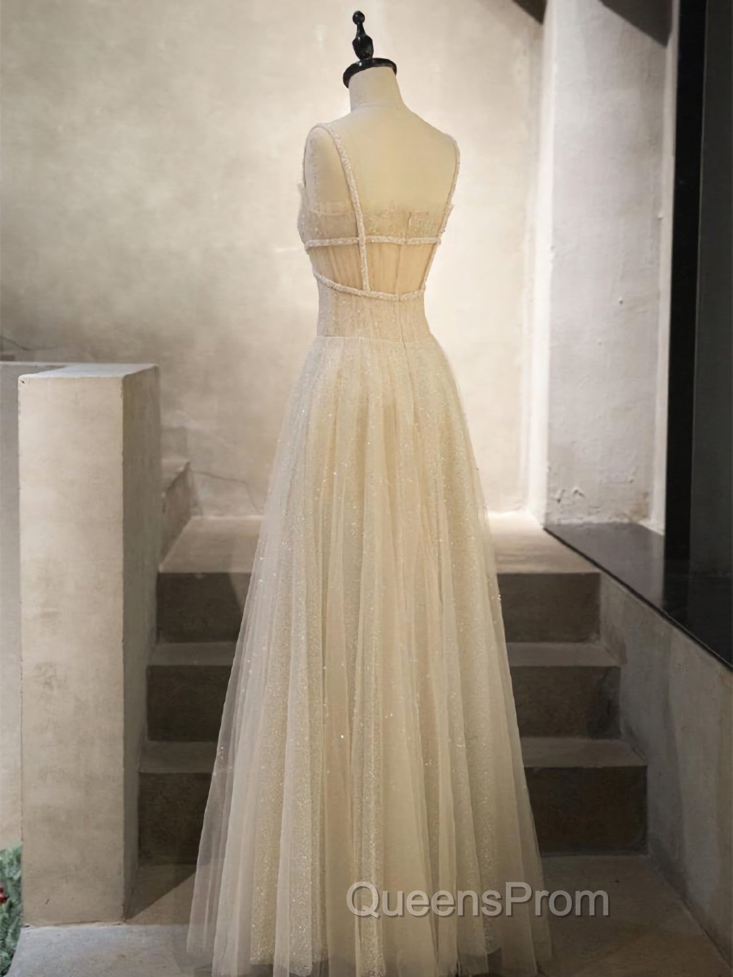 Champagne Tulle Long Evening Prom Dress, Champagne Tulle Formal Dress Secondary image