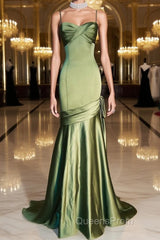 Green Chic Style Long Satin Sweetheart Party Dress, Green Formal Dress