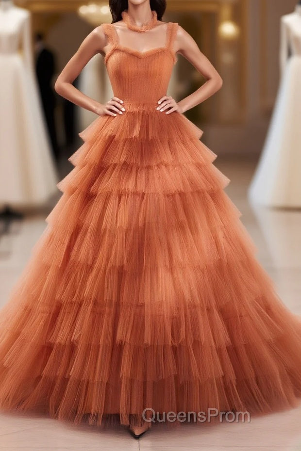 Unique High Neck Tulle Long Evening Prom Dress, Orange Formal Evening Dress Main image