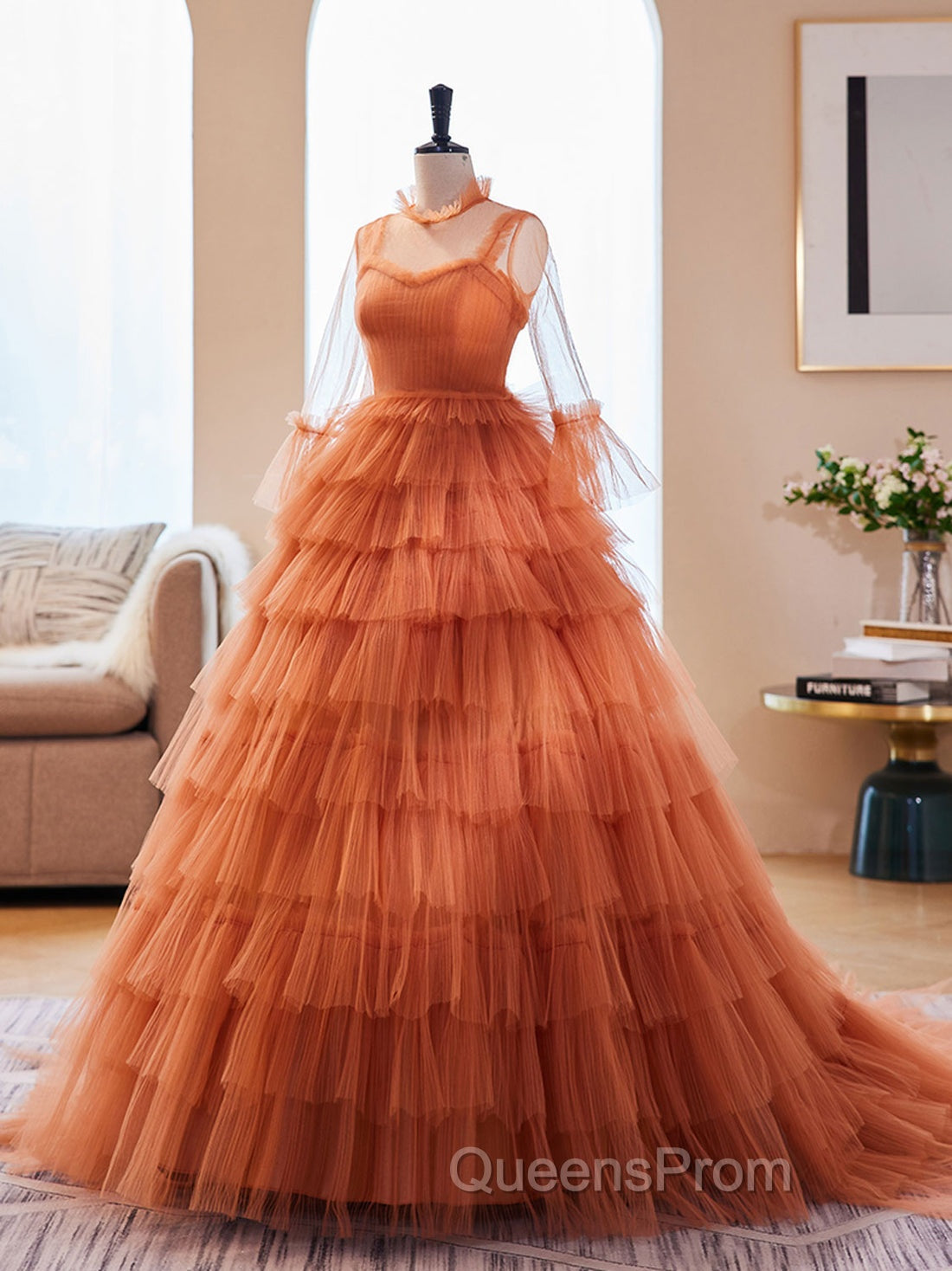 Unique High Neck Tulle Long Evening Prom Dress, Orange Formal Evening Dress Secondary image