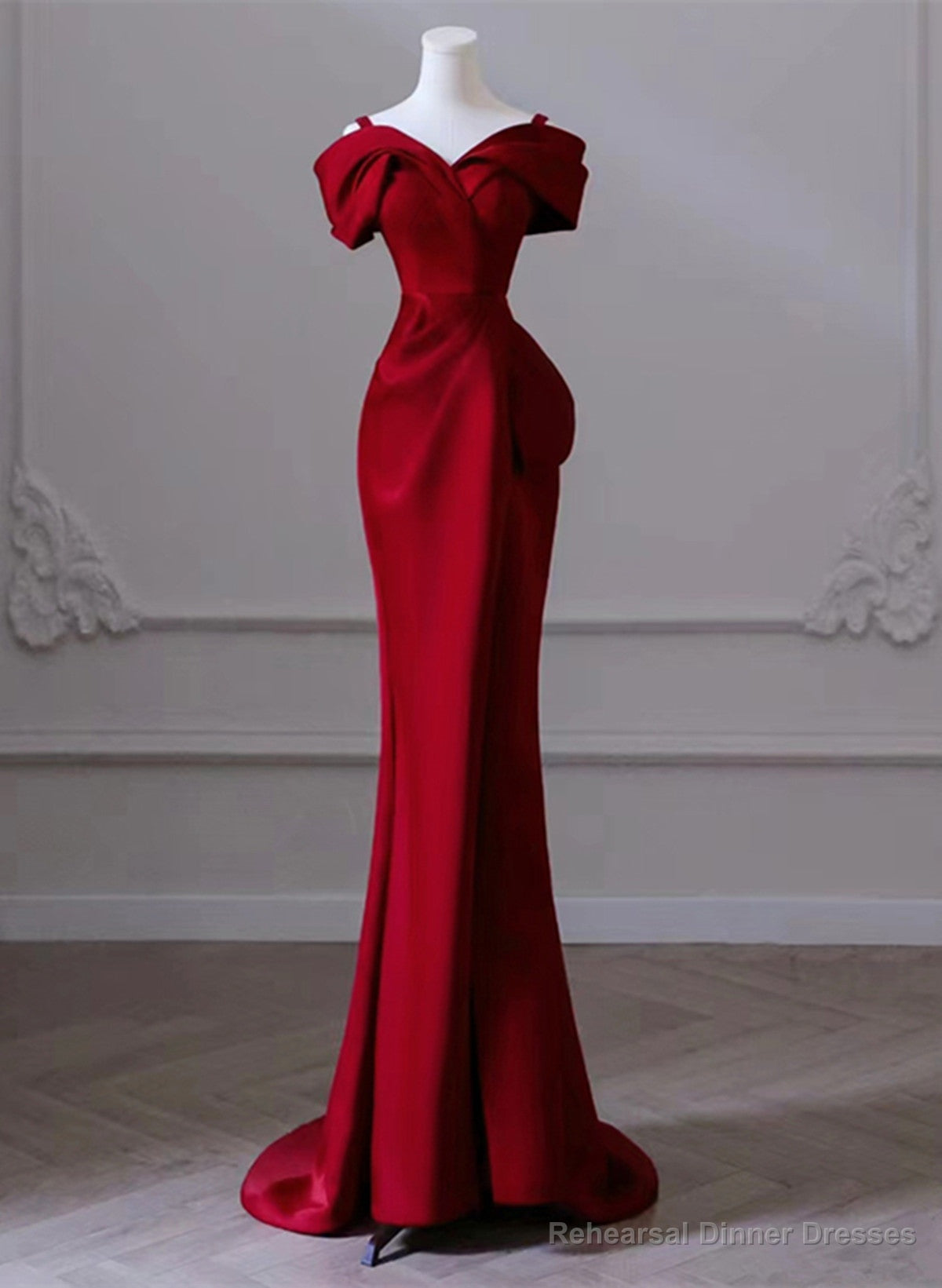 Wine Red Satin Mermaid Long Straps Long Party Dress, Wine Red Off Shoulder Prom Dress Main image