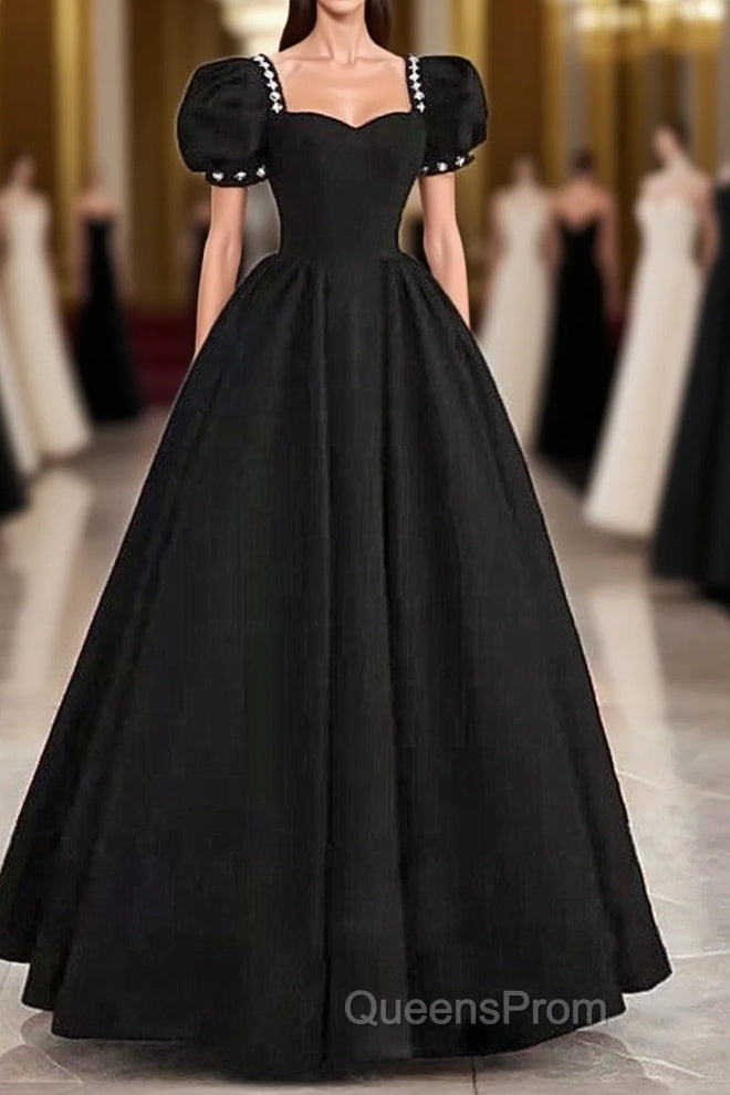 Black Sweetheart Short Sleeves Beaded Party Dress, A-Line Black Satin Evening Prom Dress Main image