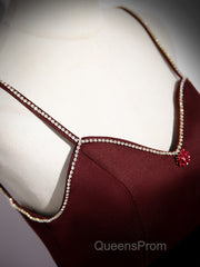 Wine Red Straps Beaded Sweetheart Tulle Formal Dress, Wine Red A-Line Evening Prom Dress