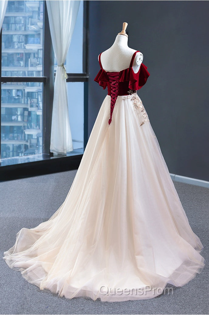 UniqueDresss Vintage Red Straps Tulle Formal Dress, Elegant Applique Evening Prom Dress