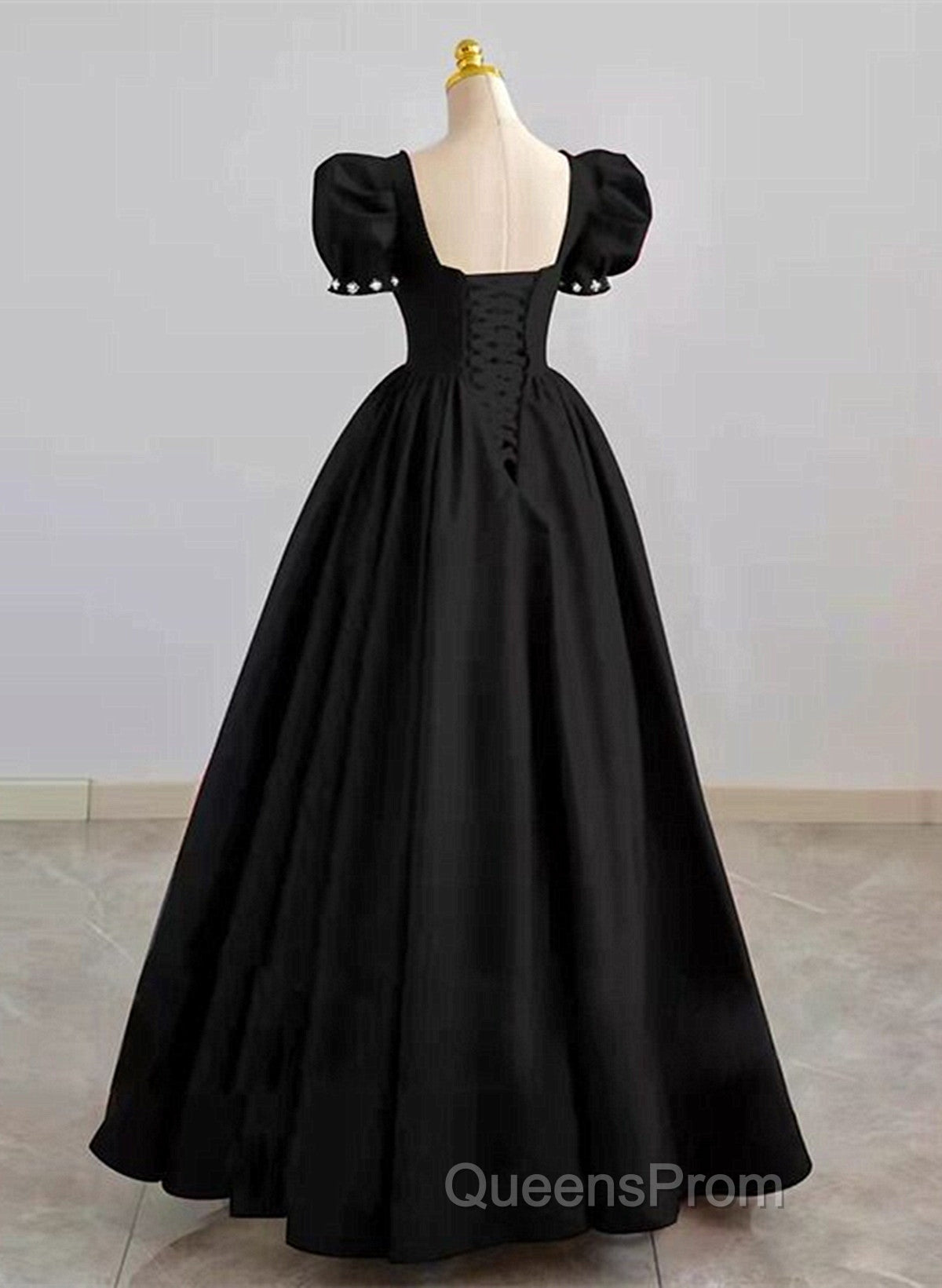 Black Sweetheart Short Sleeves Beaded Party Dress, A-Line Black Satin Evening Prom Dress