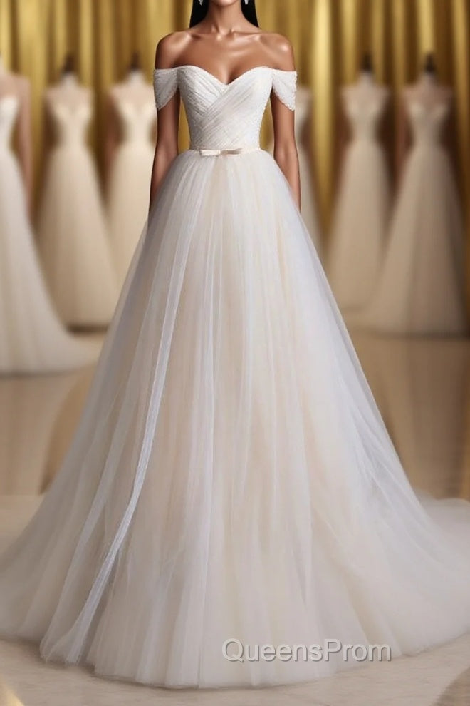 Elegant V Neck Off-shoulder Tulle Pleat Sweep Train Wedding Dress Main image