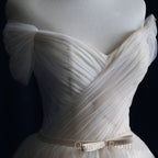 Elegant V Neck Off-shoulder Tulle Pleat Sweep Train Wedding Dress
