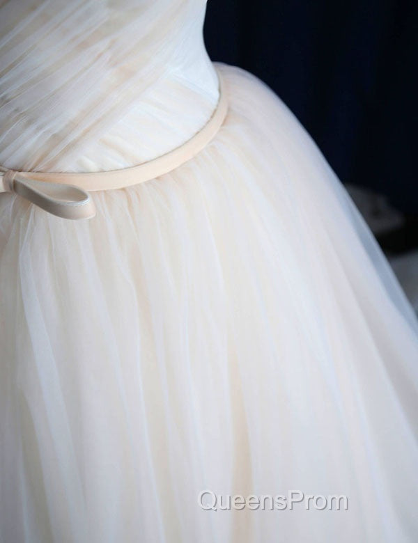 Elegant V Neck Off-shoulder Tulle Pleat Sweep Train Wedding Dress
