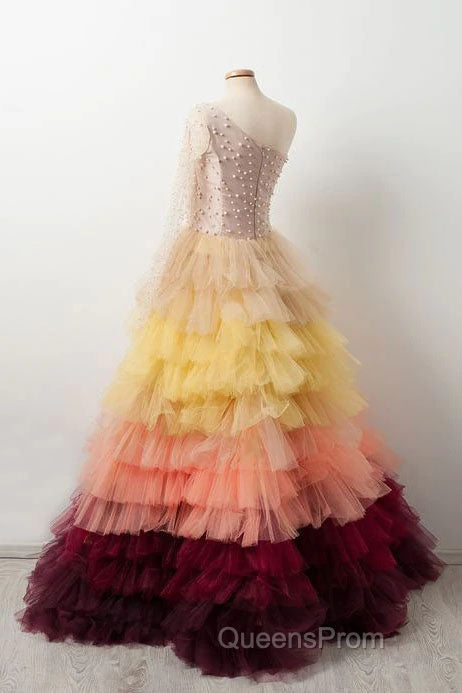 Unique Multi Color Layered One Shoulder Long Sleeves Evening Prom Dress Formal Gown Secondary image