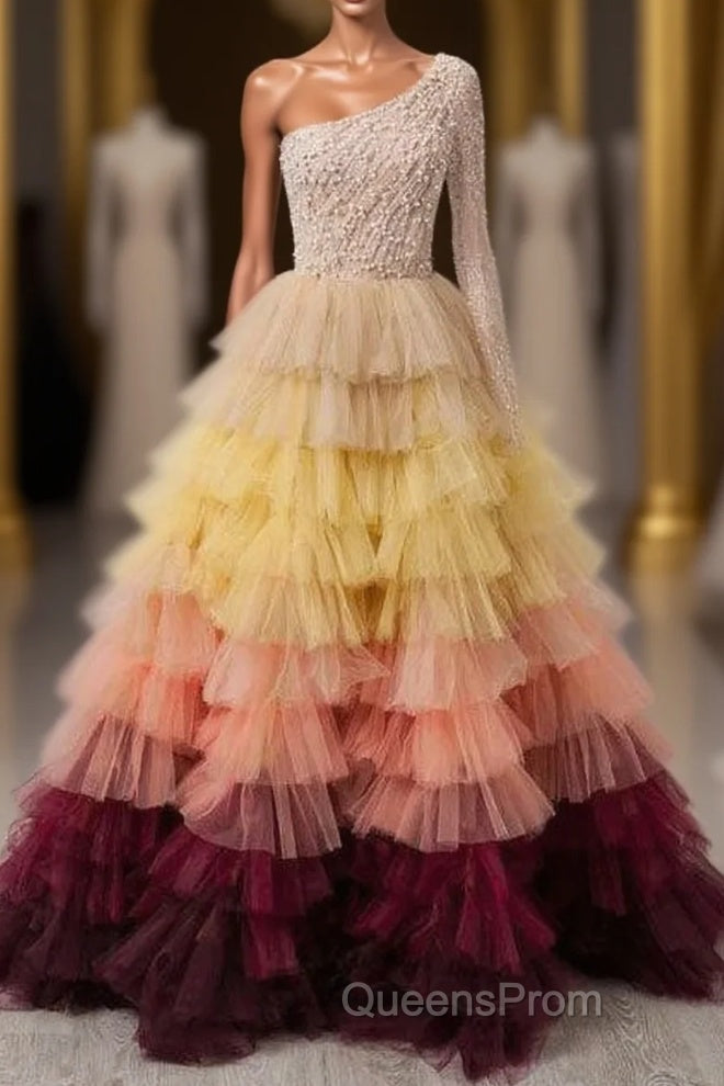 Unique Multi Color Layered One Shoulder Long Sleeves Evening Prom Dress Formal Gown Main image