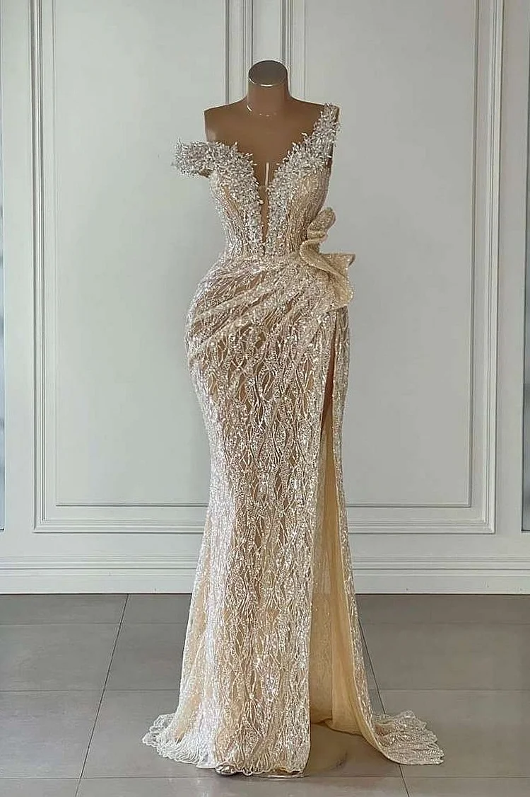 Off-The-Shoulder Silver Beads Cap Sleeves High Split Prom Dresses Main image