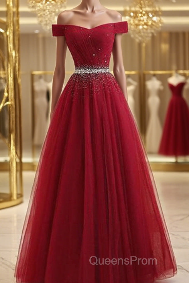 Off Shoulders Red Tulle Floor Length Evening Prom Dress Main image
