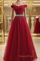 Off Shoulders Red Tulle Floor Length Evening Prom Dress