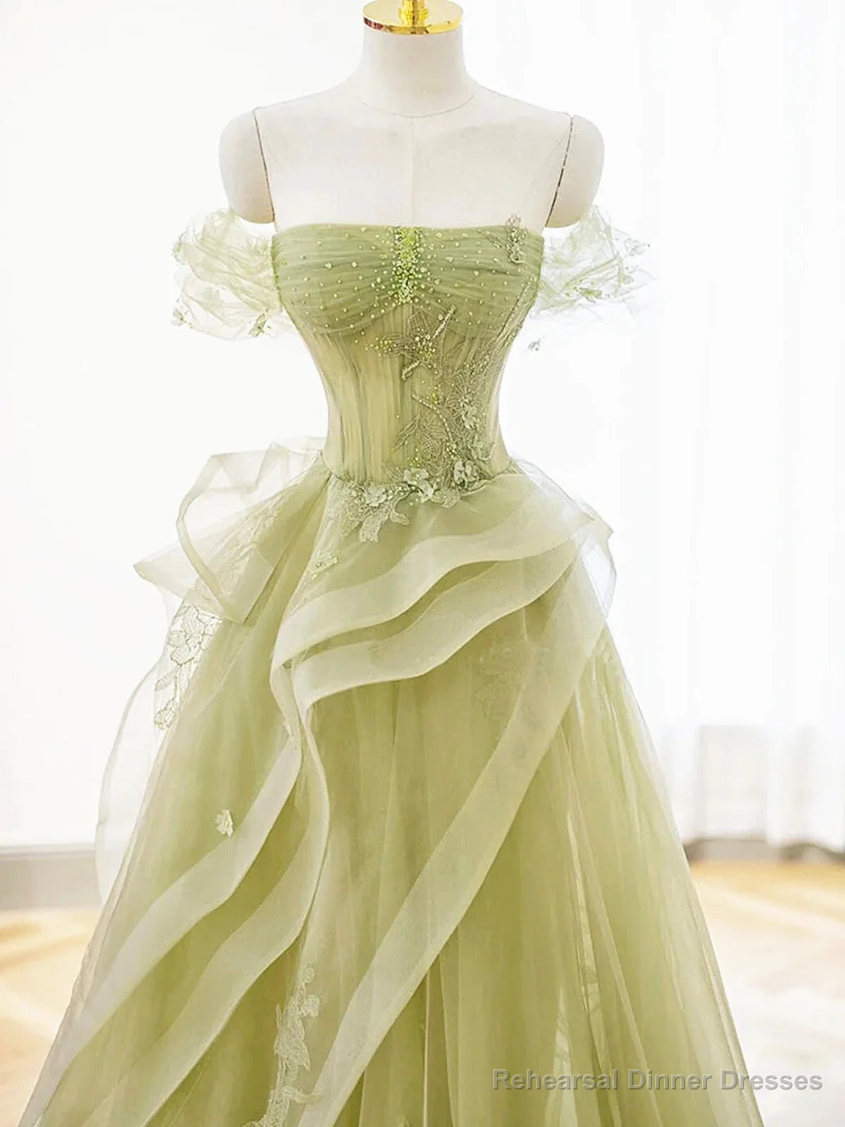 Off the Shoulder Green Tulle Long Beaded Prom Dresses, Off Shoulder Green Tulle Long Formal Evening Dresses Secondary image