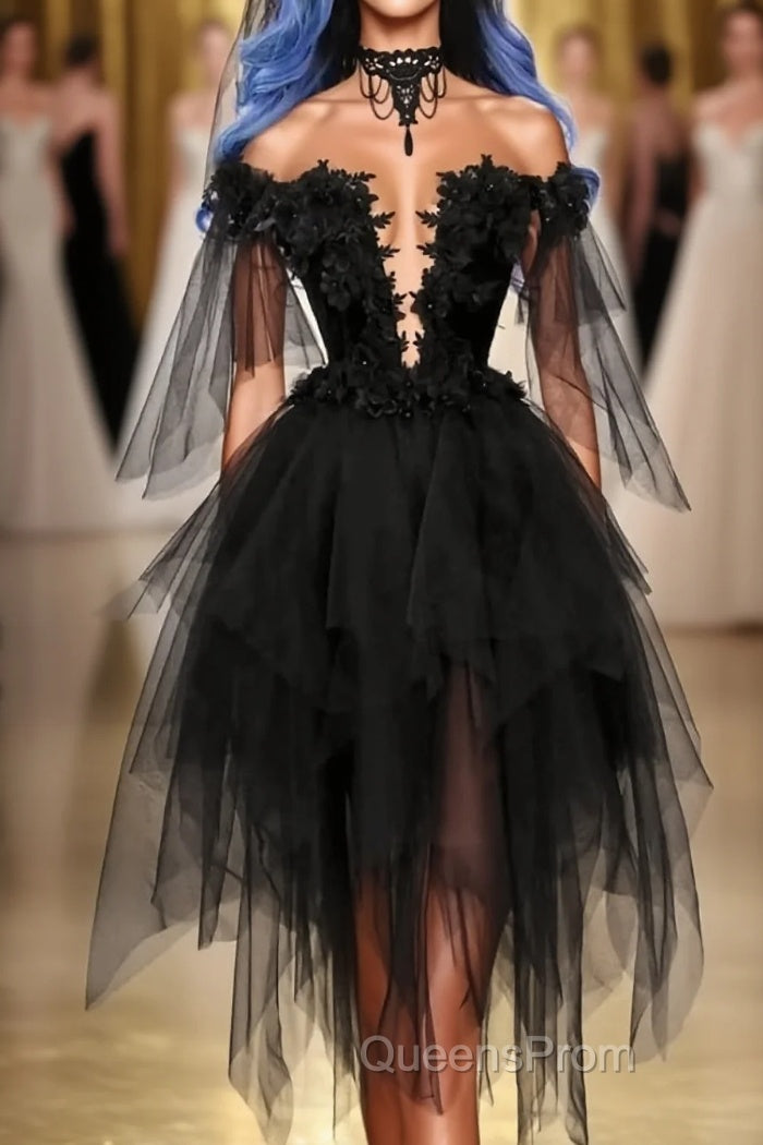 Off Shoulder Lace Applique Black Tulle Short Homecoming Graduation Dress Main image
