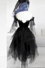 Off Shoulder Lace Applique Black Tulle Short Homecoming Graduation Dress