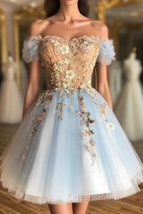 Pretty Lace Up Appliques Short Light Blue Homecoming Dress