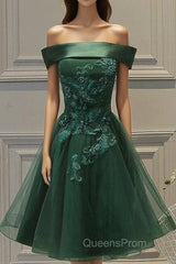 Dark Green Strapless A Line Appliques Tulle Homecoming Dress