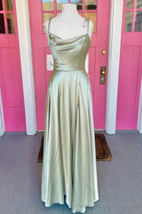 Open Back Sage Satin Long Evening Dress With High Slit Long Sage Formal Prom Dresses