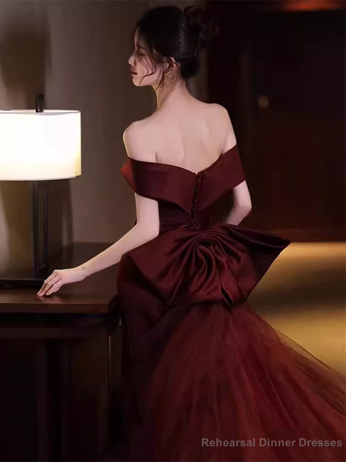 Sexy Mermaid Long Red Satin Prom Dresses With Bowknot Long Prom Dress