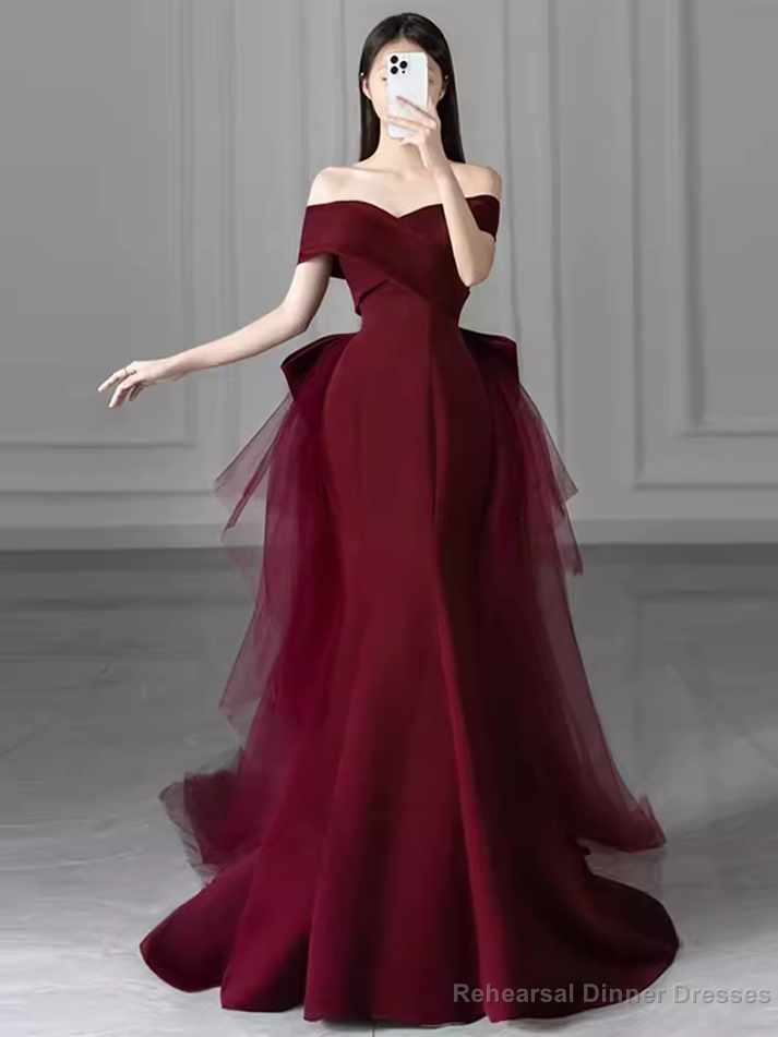 Sexy Mermaid Long Red Satin Prom Dresses With Bowknot Long Prom Dress Main image