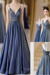 Blue V-Neckline Straps Low Back A-Line Evening Prom Dress, Blue Long Evening Dress
