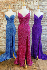 Mermaid Purple Sequin Long Evening Prom Dress with Slit