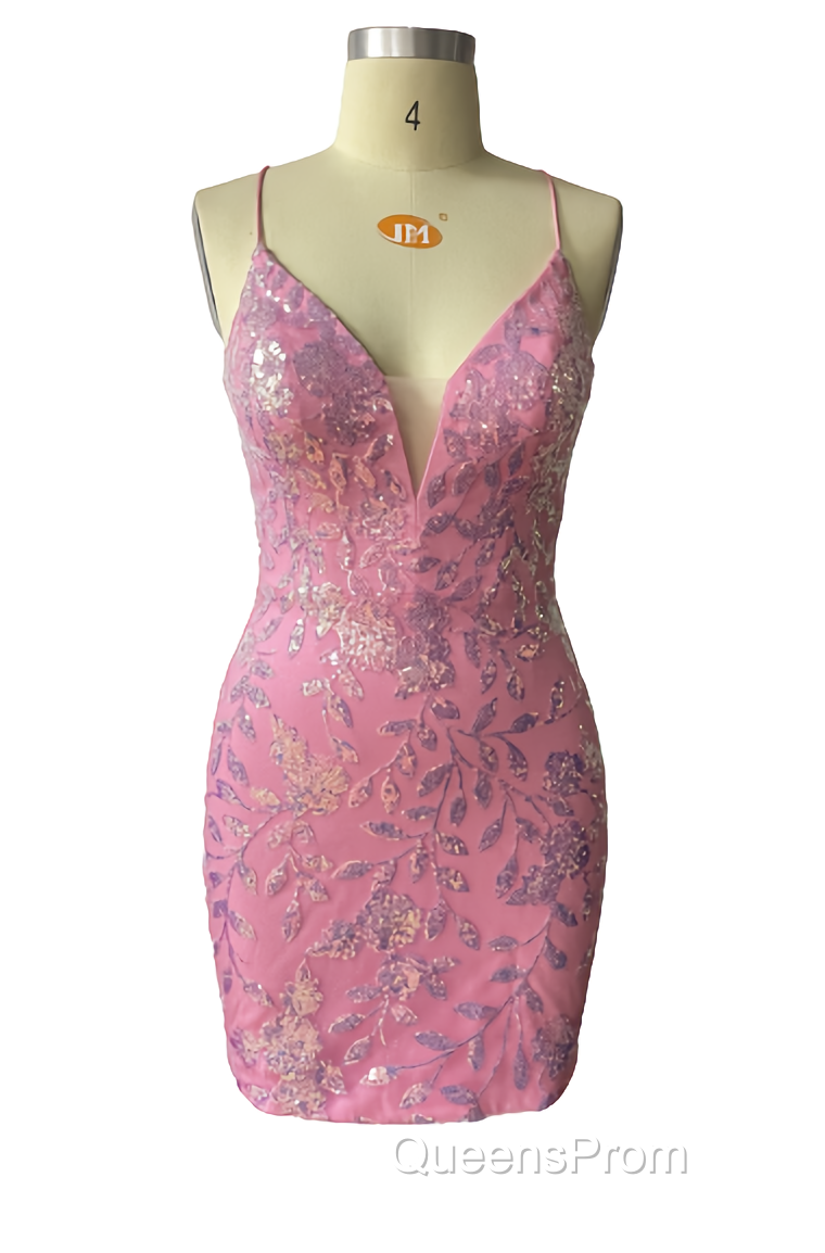Cute Bodycon V Neck Blue Lace Homecoming Dress