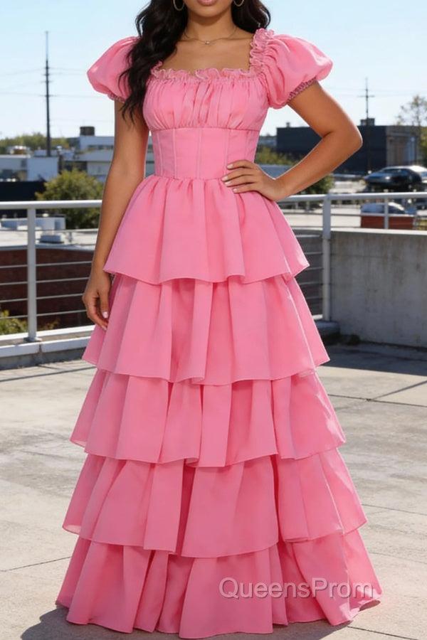 Pink A Line Square Neck Tiered Prom Dress With Ruffles Main image