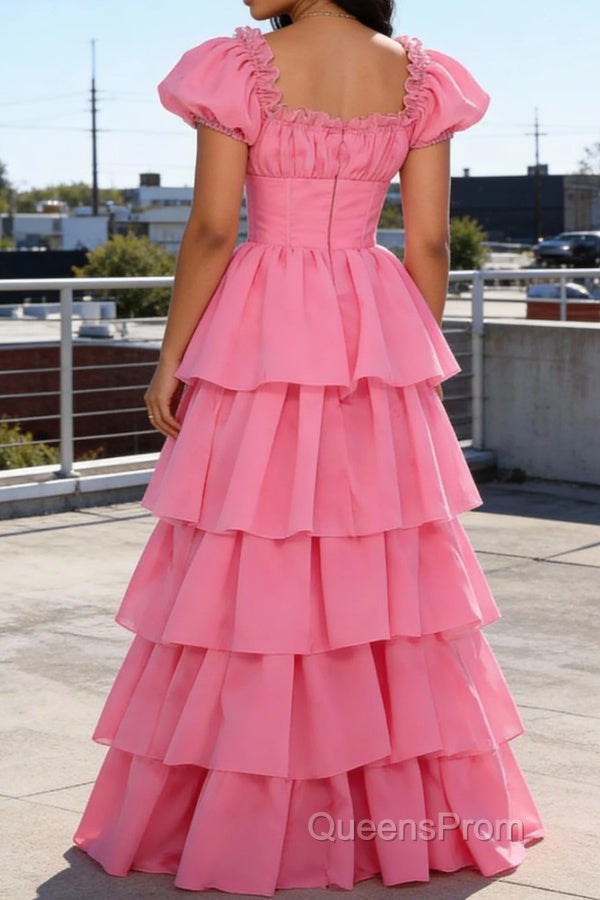 Pink A Line Square Neck Tiered Prom Dress With Ruffles Secondary image