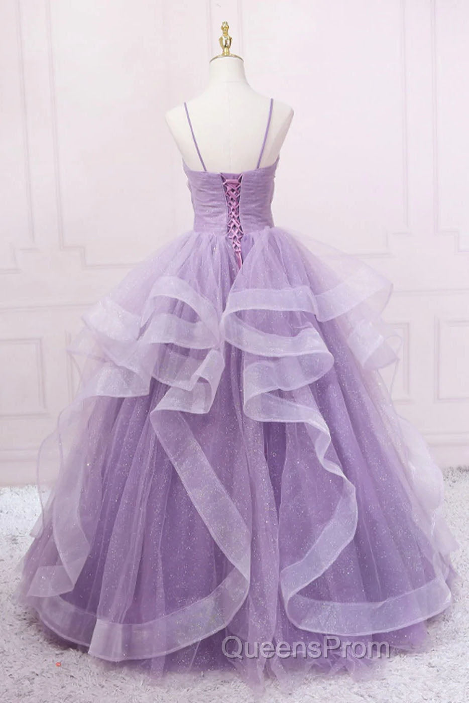 Princess Lavender Sparkly Spaghetti Straps Long Evening Prom Dress Floor Length Evening Gown Secondary image