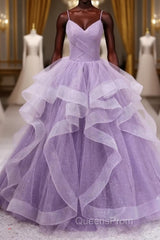 Princess Lavender Sparkly Spaghetti Straps Long Evening Prom Dress Floor Length Evening Gown