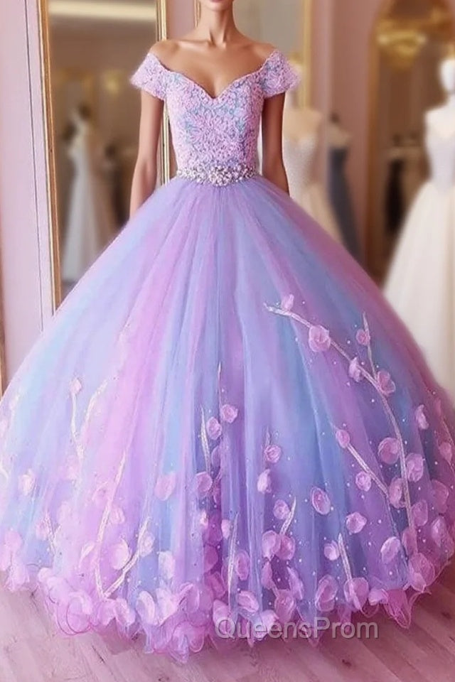 Princess Pink and Blue Ball Gown Evening Prom Dress with Flowers, Quinceanera Dress