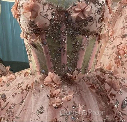 Princess Sparkly Sweetheart Evening Prom Dress with 3d Flowers, Pink Quinceanera Dress