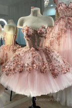 Princess Sparkly Sweetheart Evening Prom Dress with 3d Flowers, Pink Quinceanera Dress