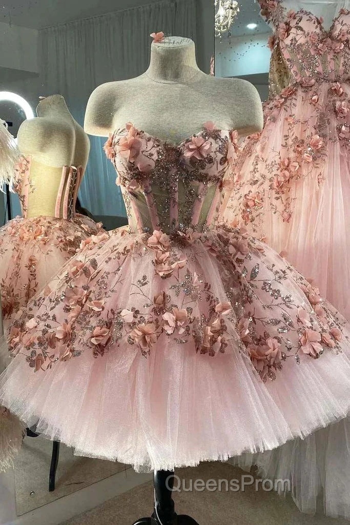 Princess Sparkly Sweetheart Evening Prom Dress with 3d Flowers, Pink Quinceanera Dress