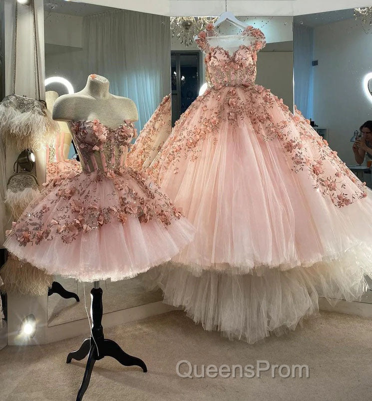 Princess Sparkly Sweetheart Evening Prom Dress with 3d Flowers, Pink Quinceanera Dress Secondary image