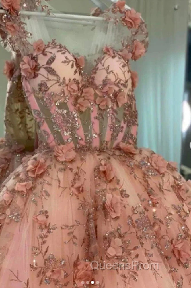 Princess Sparkly Sweetheart Evening Prom Dress with 3d Flowers, Pink Quinceanera Dress